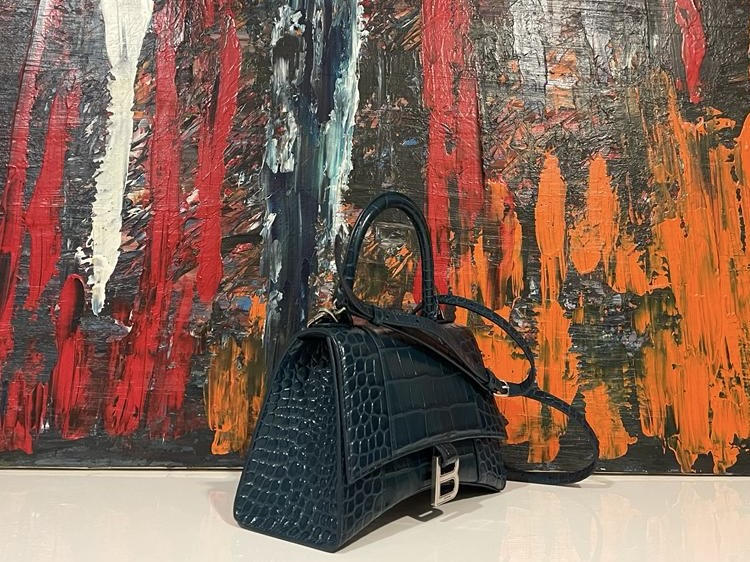 Womens Hourglass Small Handbag Crocodile Embossed in Black  Balenciaga US